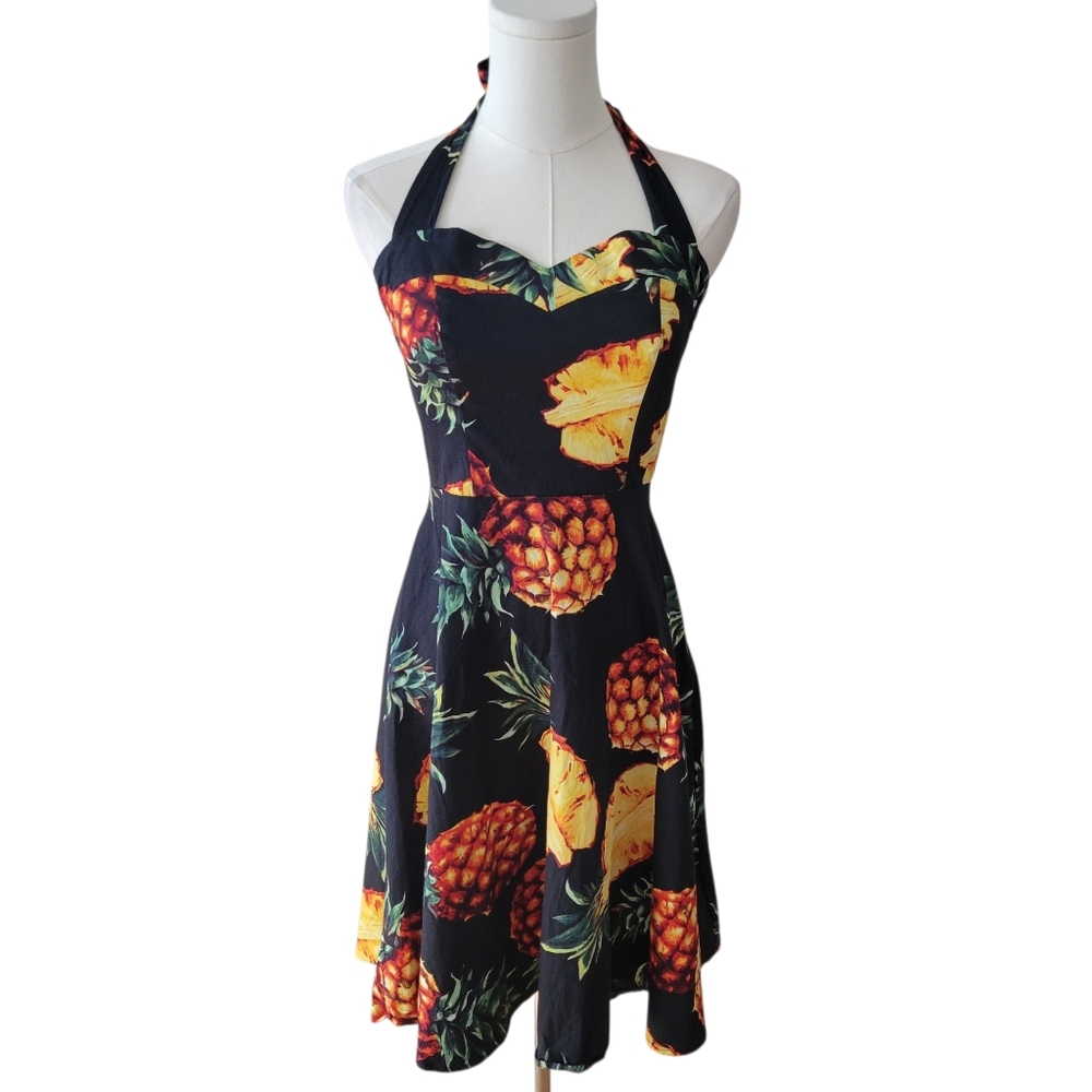 Topdress‎ Black Pineapple Print Halter Swing Dress Size Medium